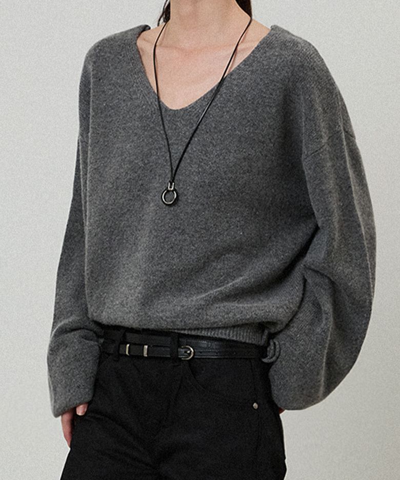 COZY Merino Wool Deep V Neck Pullover Knit Melange Grey