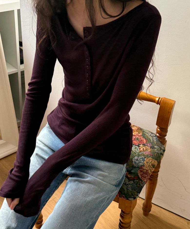 JANE Ribbed Sheer T-Shirts Dark Plum