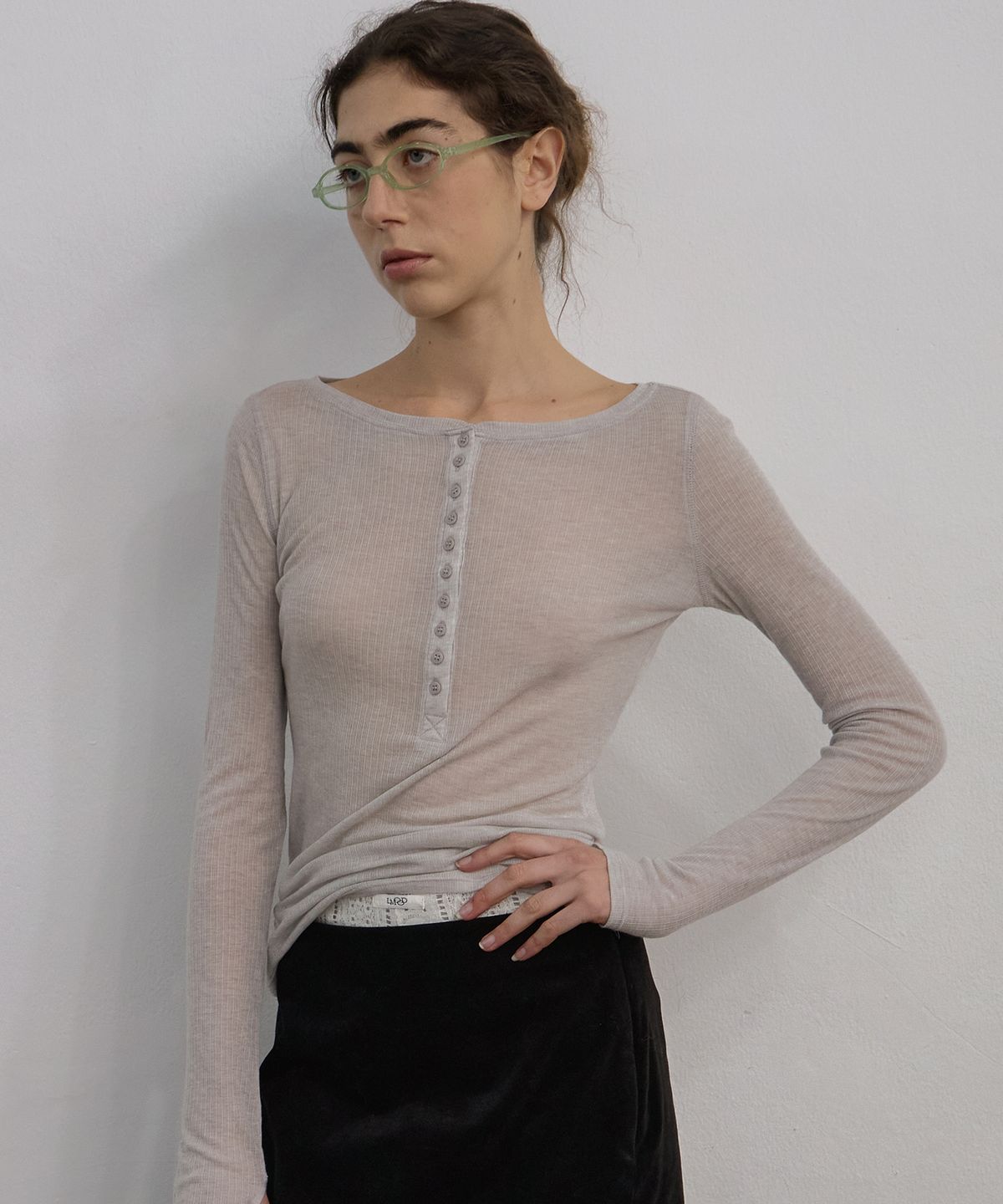 엘무드 우먼(LMOOD WOMEN) JANE Ribbed Sheer T-Shirts Heather Grey