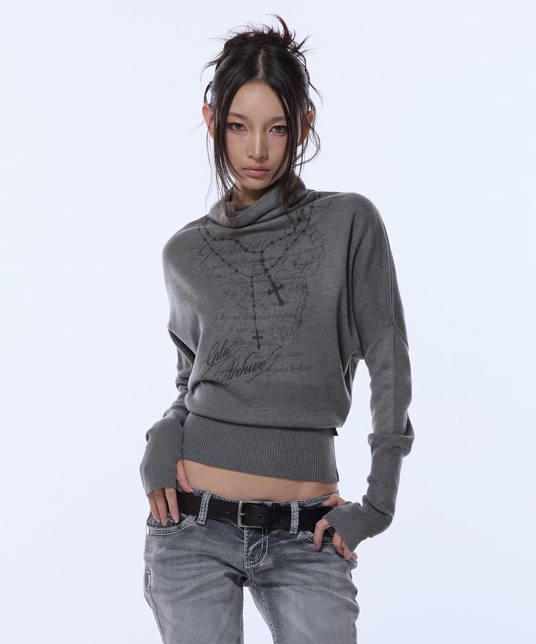 HIGH NECK COWL GRAPHIC KNIT_GREY