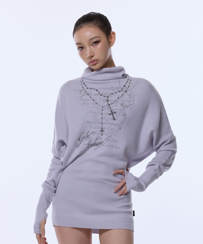 HIGH NECK COWL GRAPHIC KNIT_LIGHT PURPLE