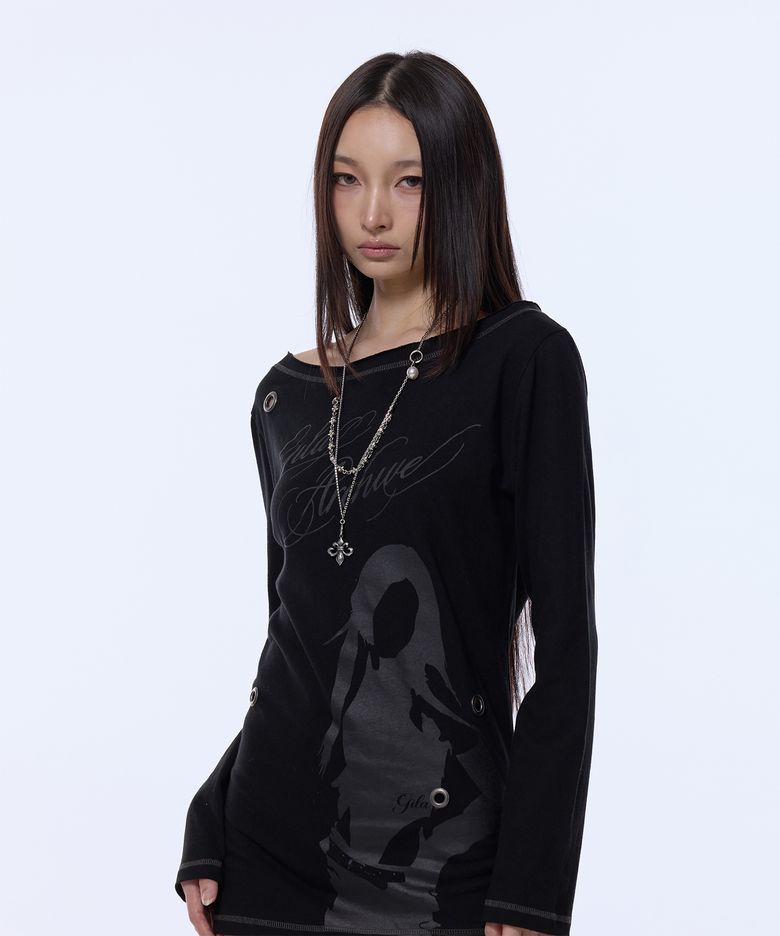 ONE SHOULDER EYELET LONG SLEEVE_BLACK
