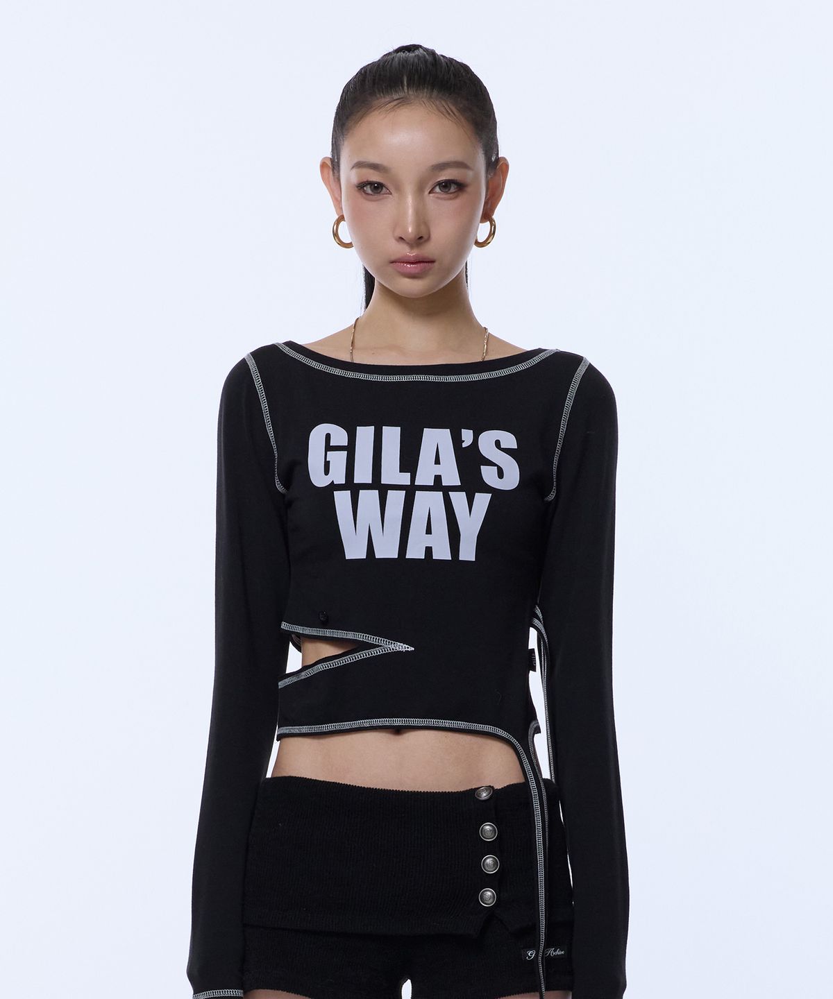 길라아카이브(GILAARCHIVE) 2-WAY STRAP CROP LONG SLEEVE_BLACK