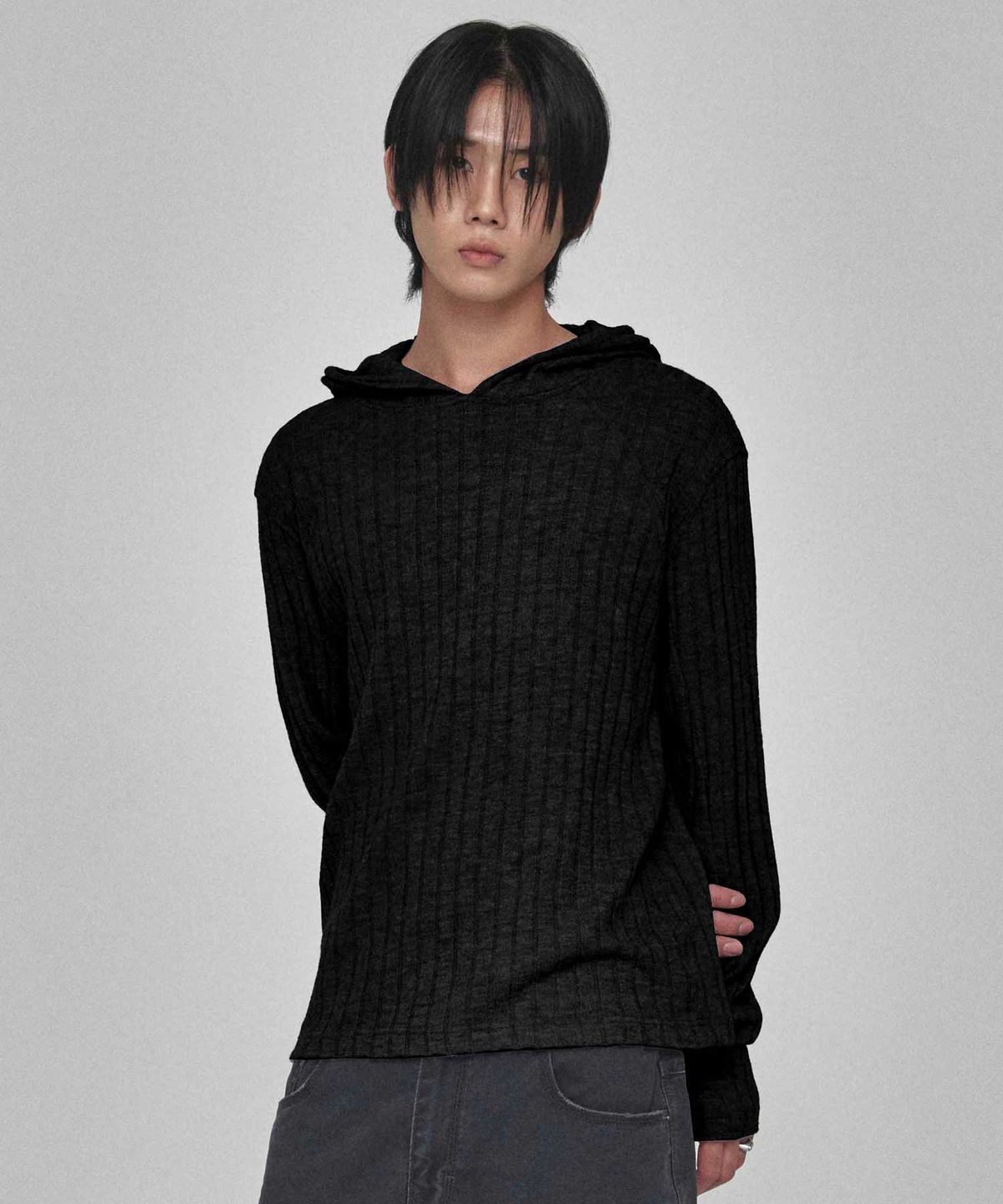 기철(KICHUL) Cozy Ribbed Knit Hoodie (Black)