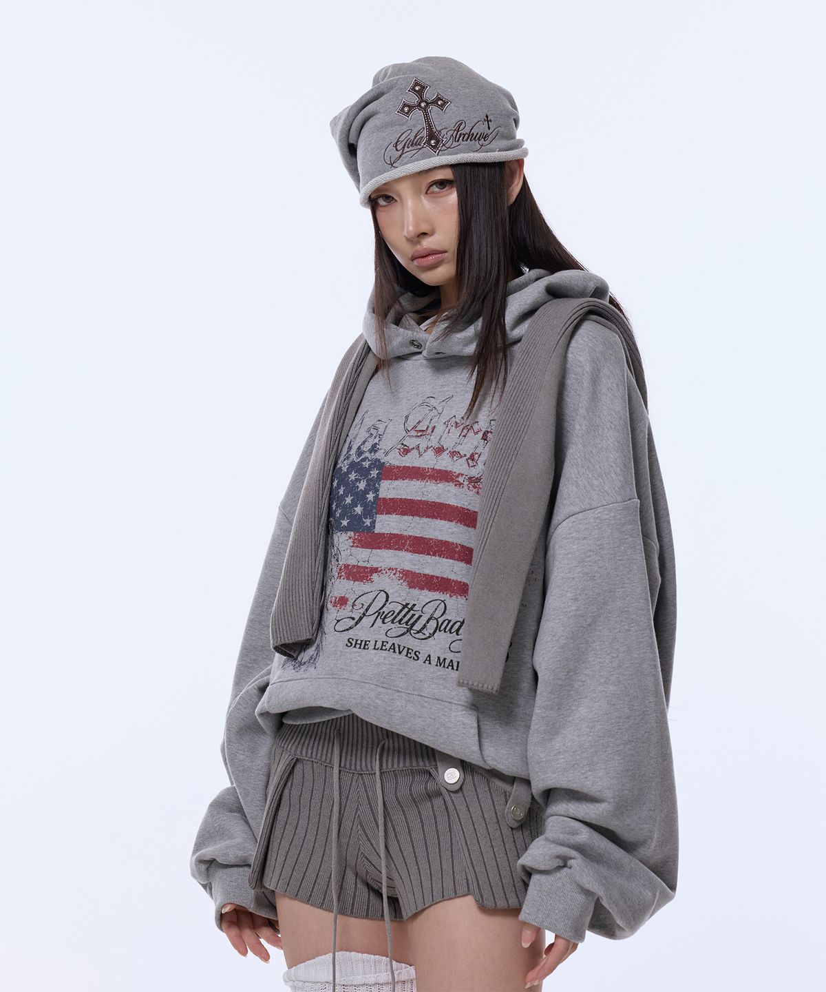 길라아카이브(GILAARCHIVE) USA LOGO GIRL OVER SIZE HOODED_GREY