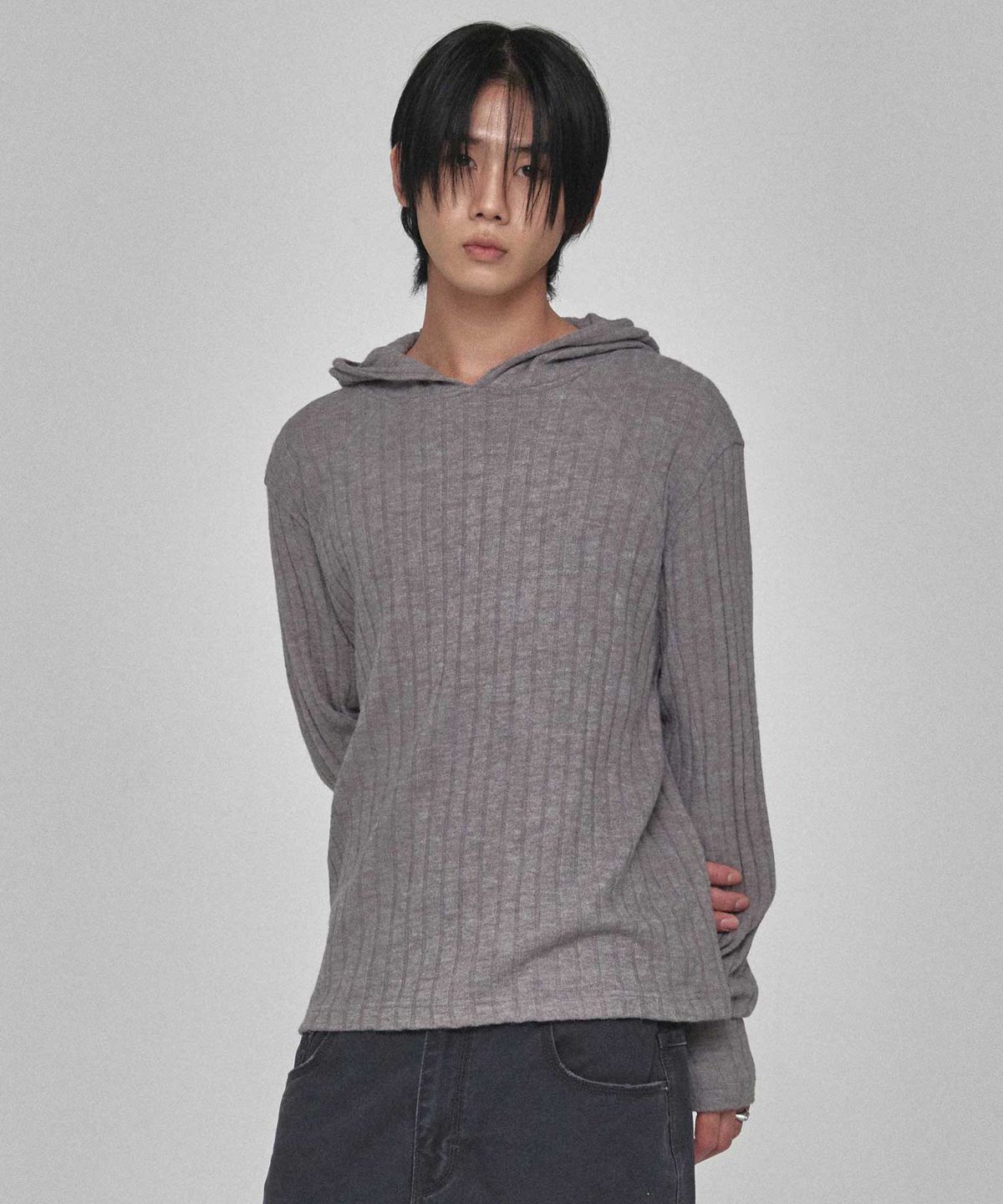 기철(KICHUL) Cozy Ribbed Knit Hoodie (Grey)