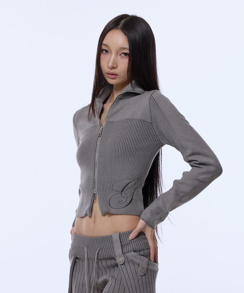 g SYMBOL CROP KNIT ZIP-UP_GREY