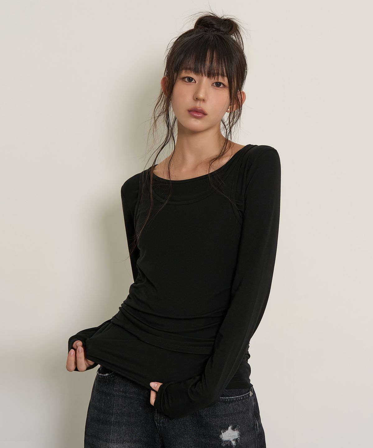 페플리(PEPLEE) [Set] Tencel Layered Top (Black)