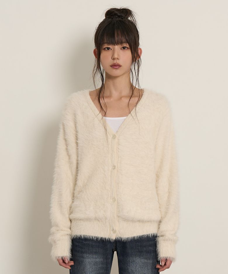 V-neck Fur Cardigan (Ivory)