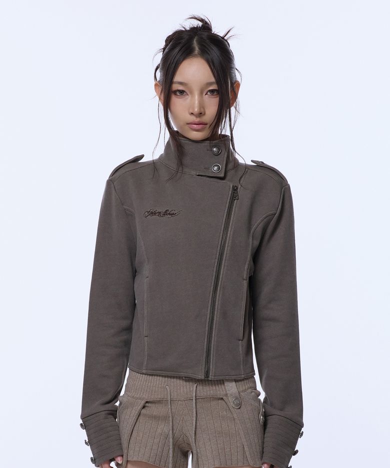 HIGH NECK NAPOLEON SIDE ZIP JACKET_BROWN