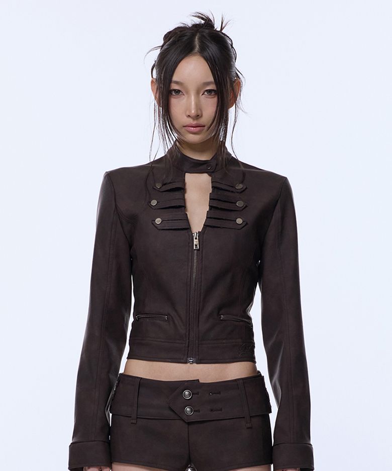 CHOKER NAPOLEON CROP LEATHER JACKET_BROWN