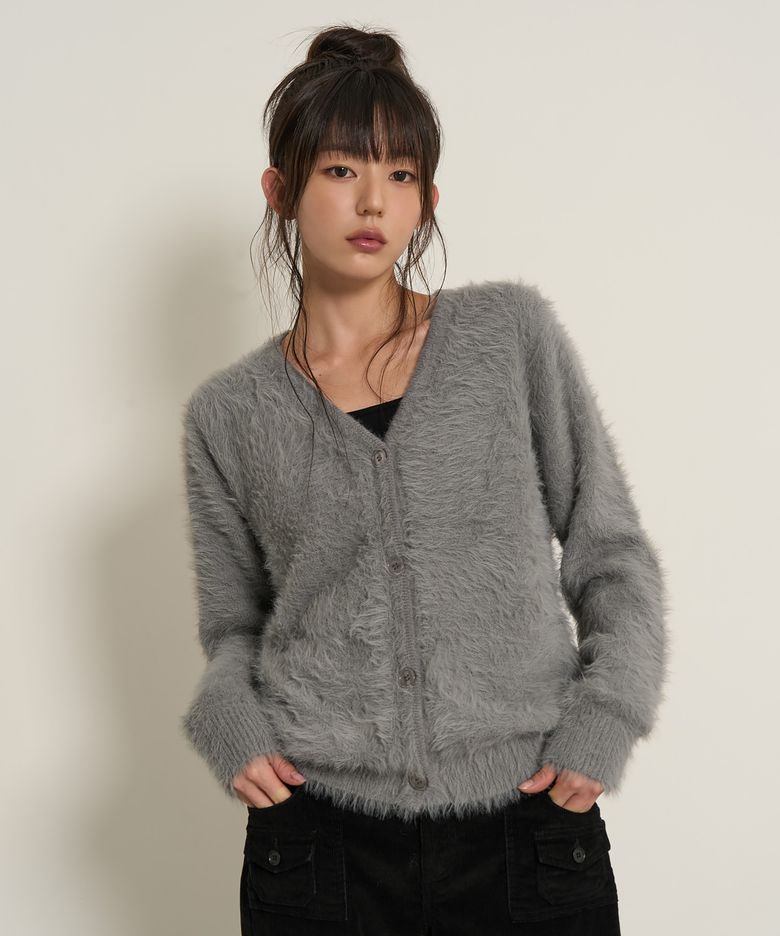 V-neck Fur Cardigan (Grey)