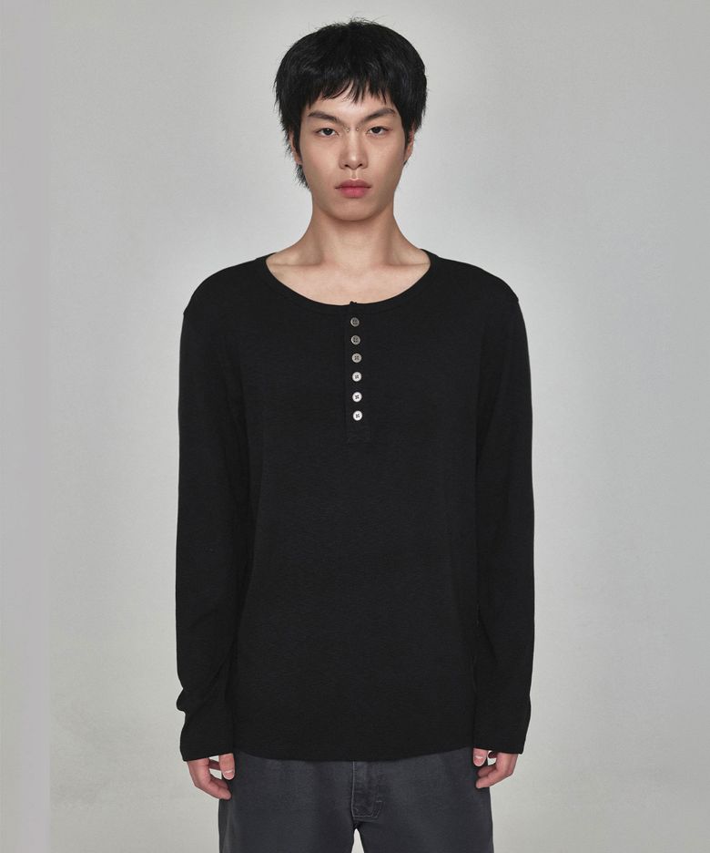 Slub Henley Long Sleeve (Black)