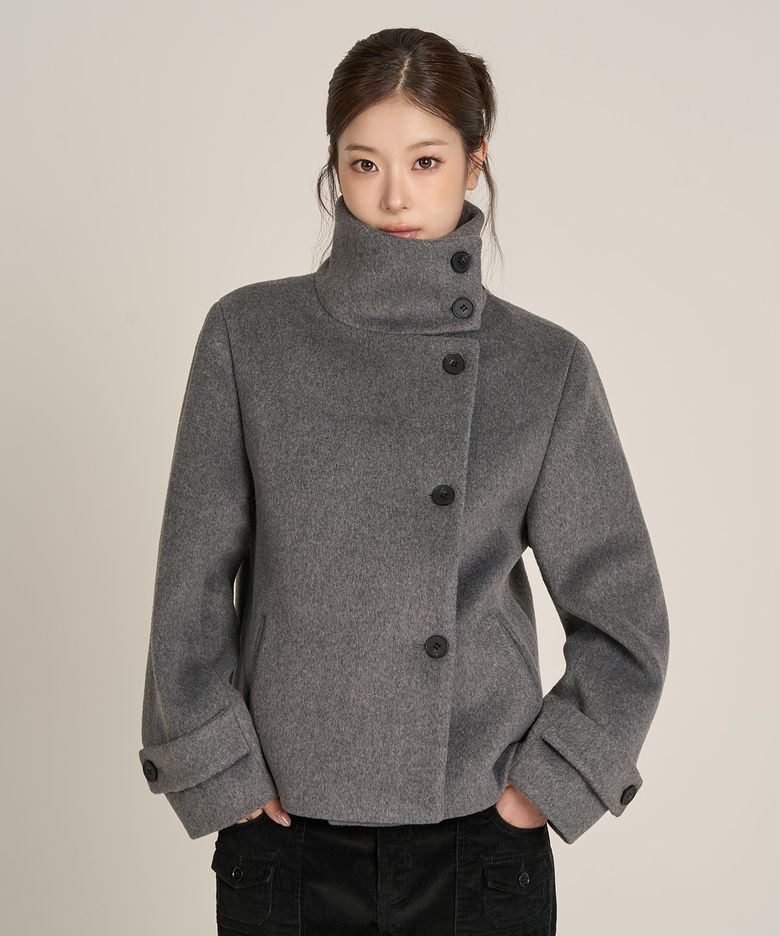 Button High Neck Short Coat (Grey)