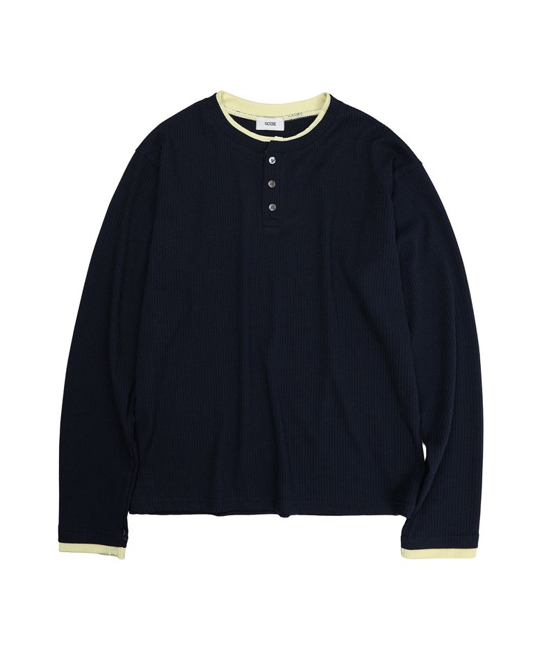 배색 레이어드 헨리넥 롱 슬리브_[NAVY]