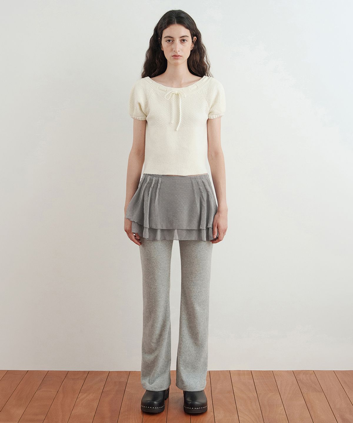 시눈(SINOON) Mesh Skirt Layered Pants (Grey)