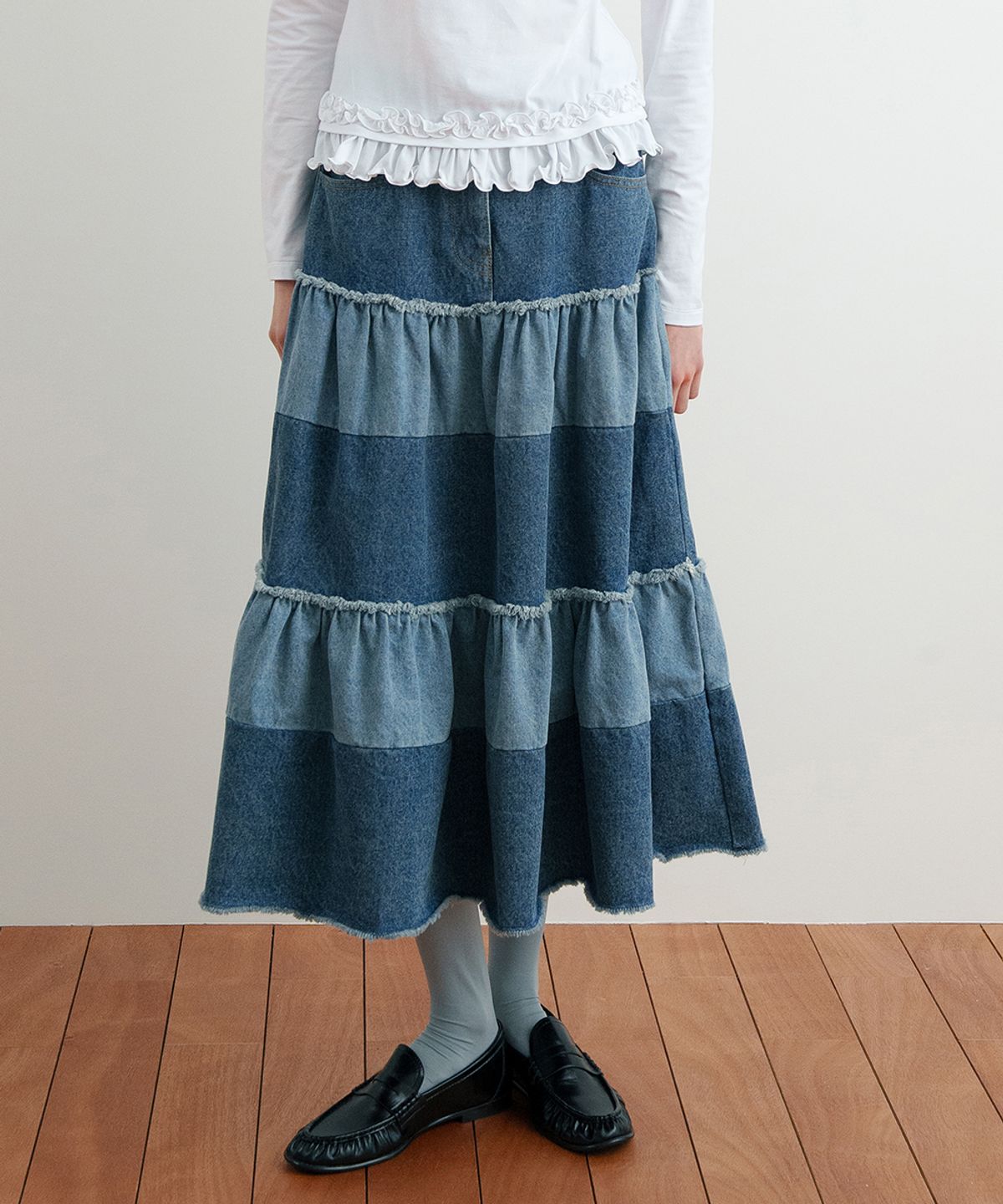 시눈(SINOON) Color Block Tiered Maxi Skirt (Indigo Blue)