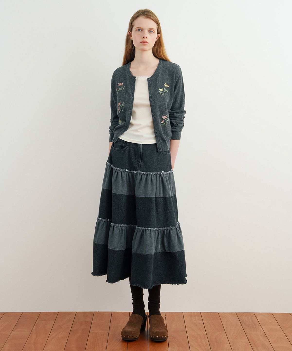 시눈(SINOON) Color Block Tiered Maxi Skirt (Black)