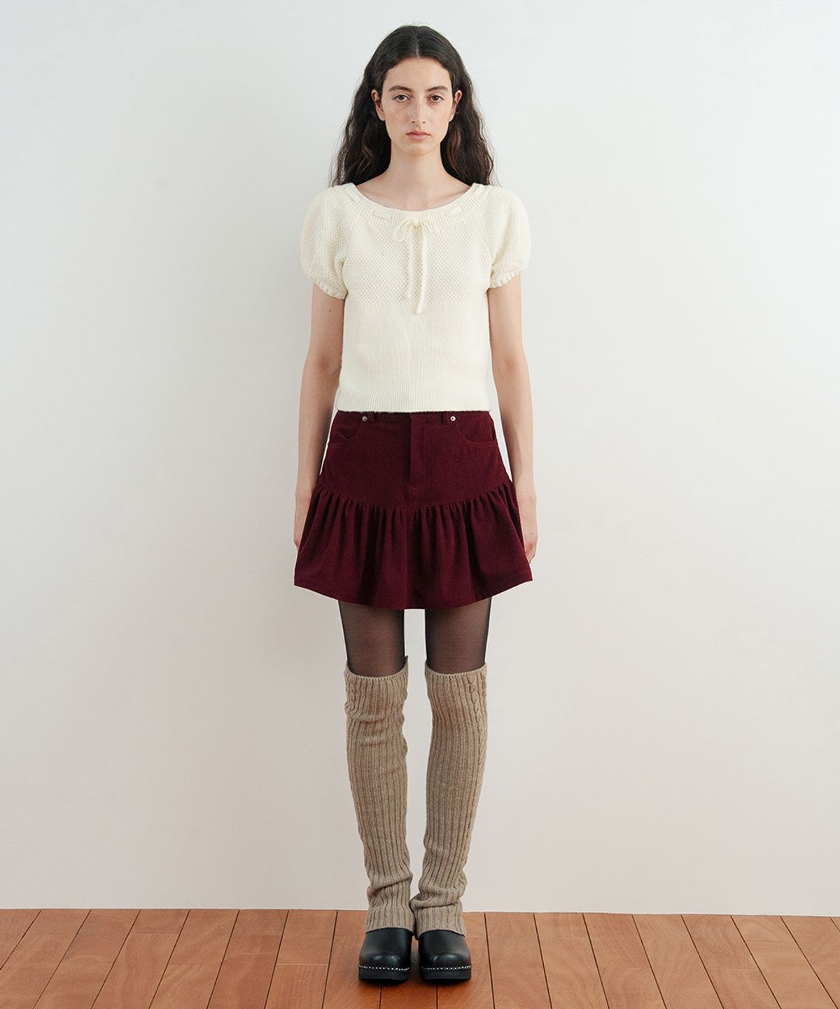 시눈(SINOON) Flare Corduroy Mini Skirt (Burgundy)