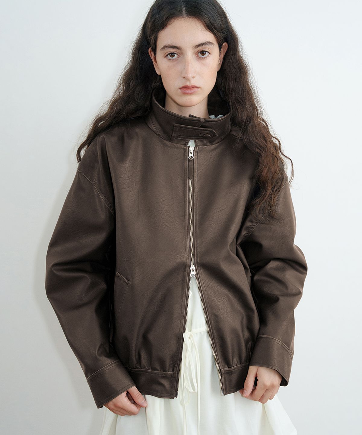 시눈(SINOON) Shirred Leather Blouson Jacket (Brown)