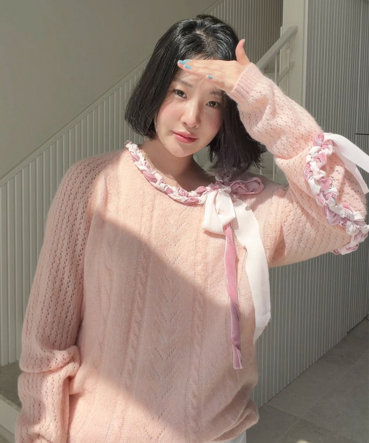 시눈(SINOON) Lace-Up Ribbon Knit (Pink)