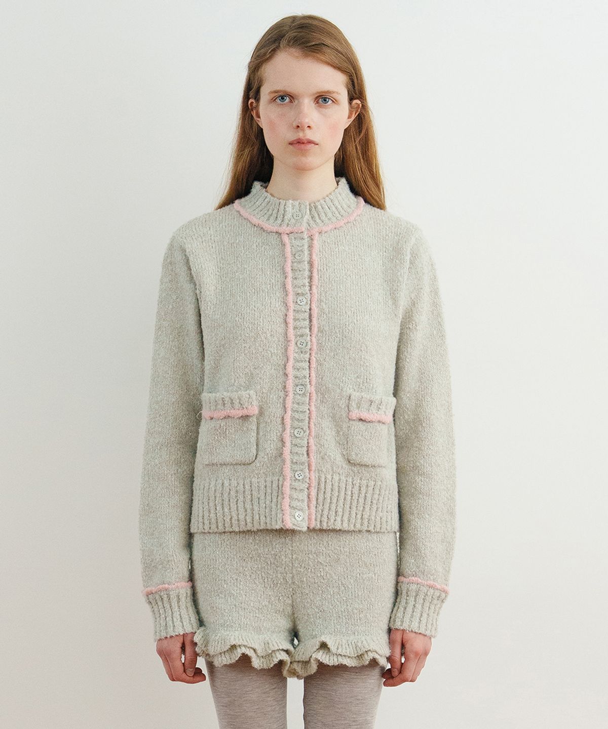 시눈(SINOON) Color Point Pompom Cardigan (Greyish Green)