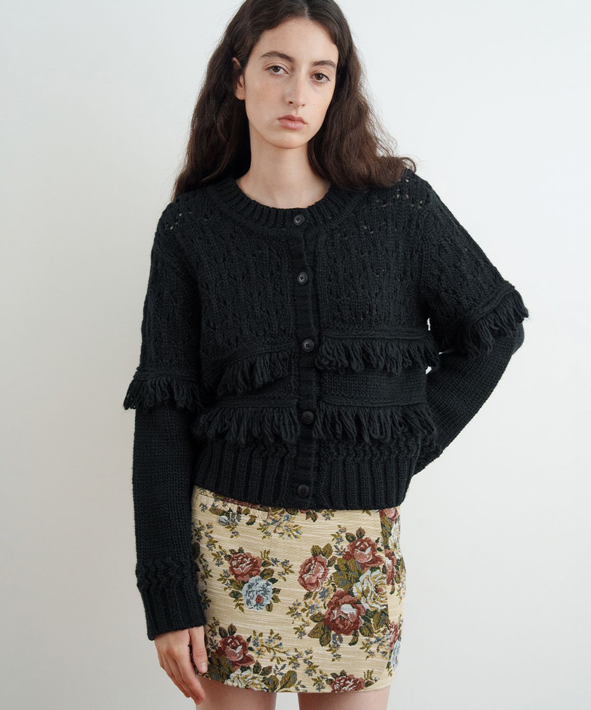 시눈(SINOON) Fringe Knit Cardigan (Black)
