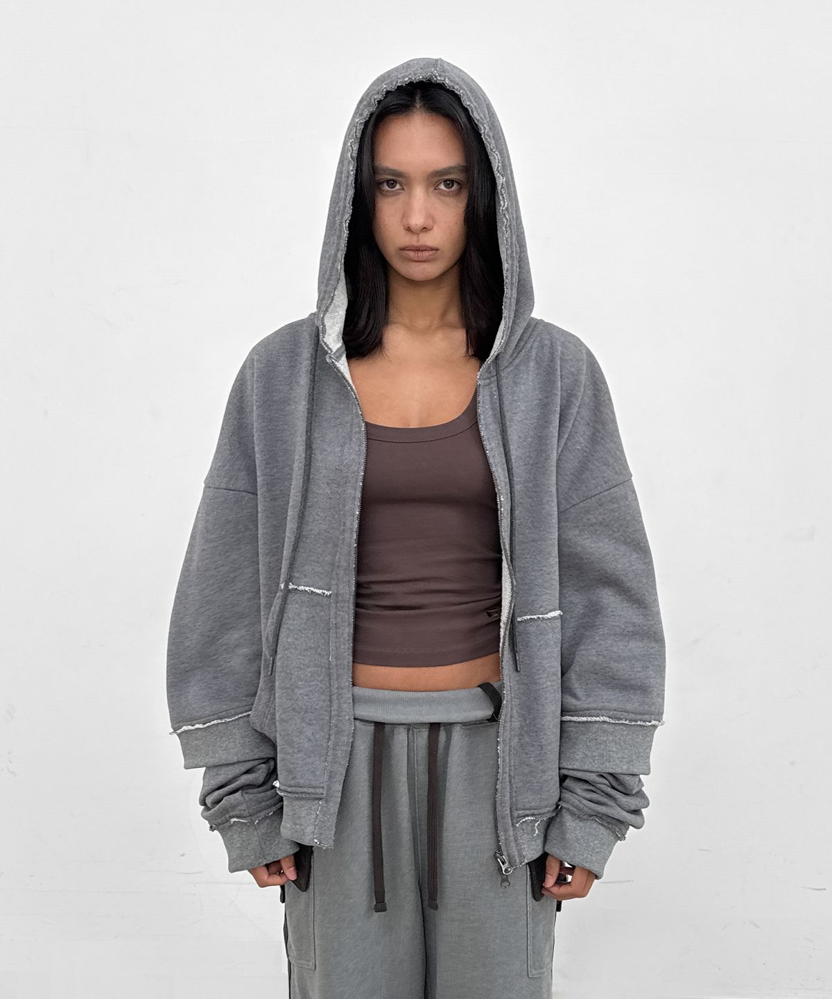 샌드릭(SANDRIC) Layered Hood Zip Up_Melange Charcoal