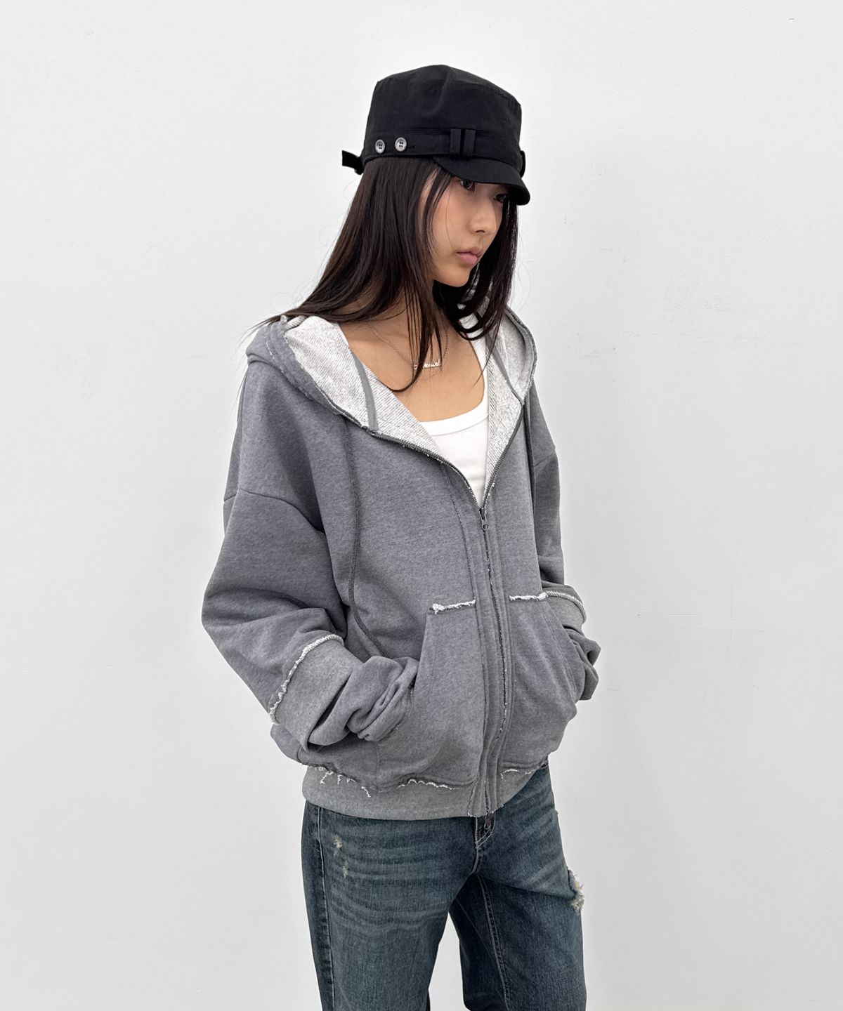 샌드릭(SANDRIC) Layered Hood Zip Up_Melange Charcoal