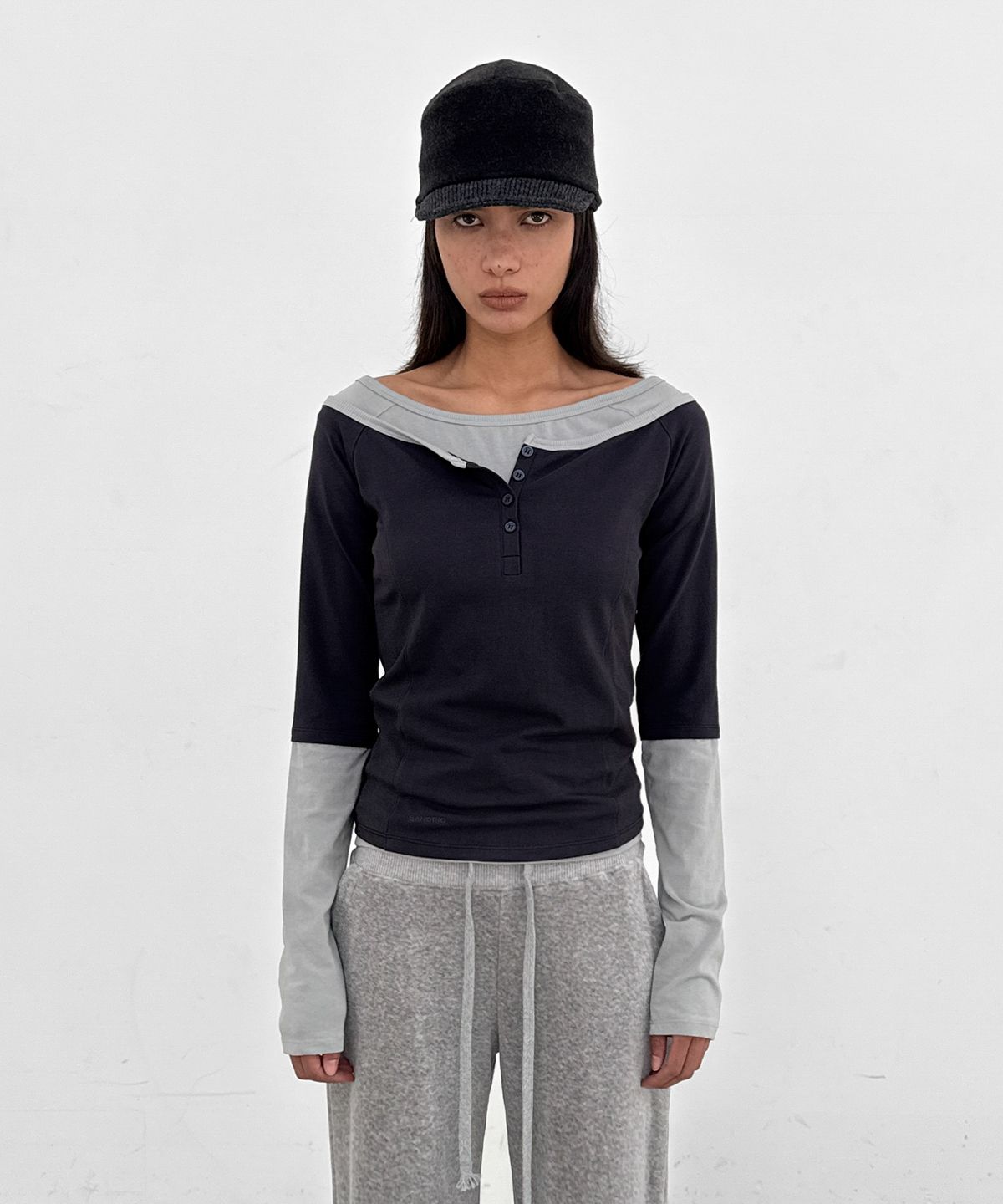 샌드릭(SANDRIC) Layered Boat Neck Tee_Navy