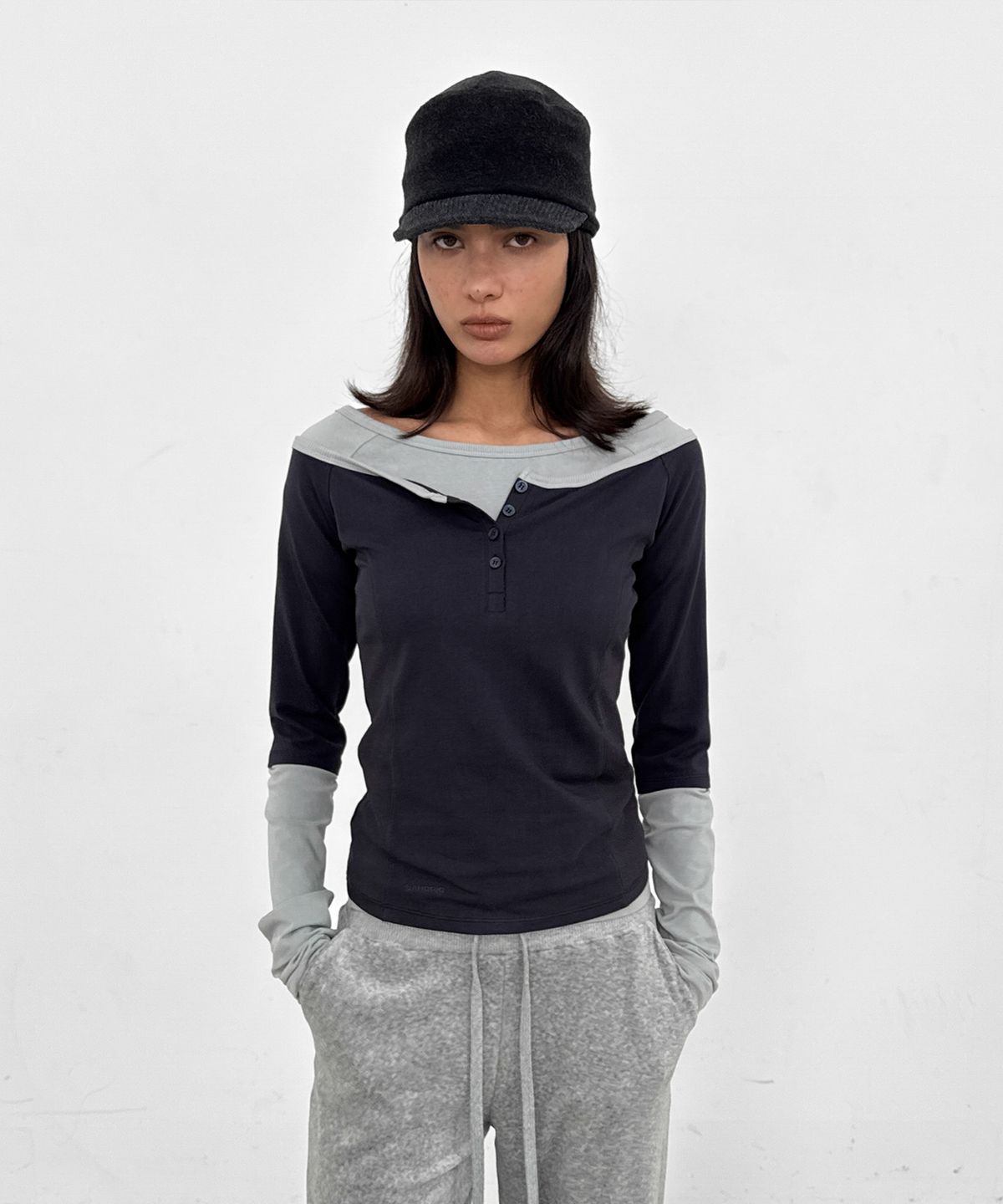 샌드릭(SANDRIC) Layered Boat Neck Tee_Navy