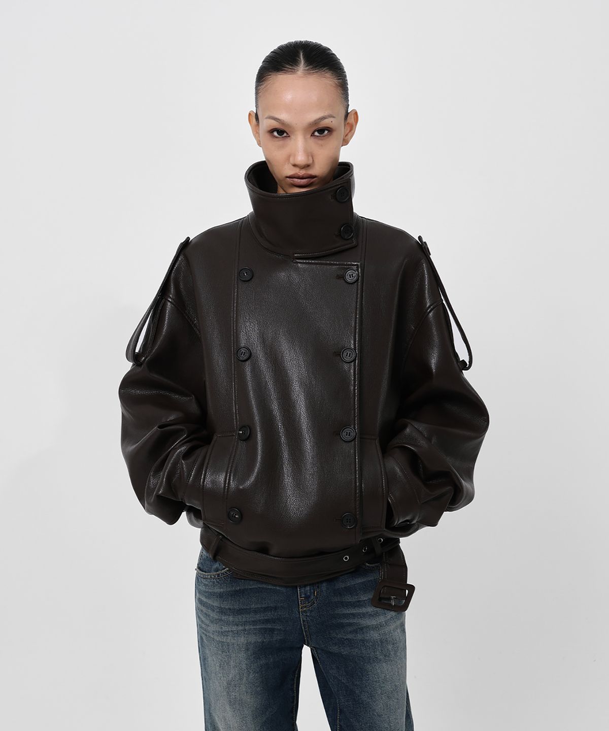 샌드릭(SANDRIC) LINE.02 high neck leather jacket_brown