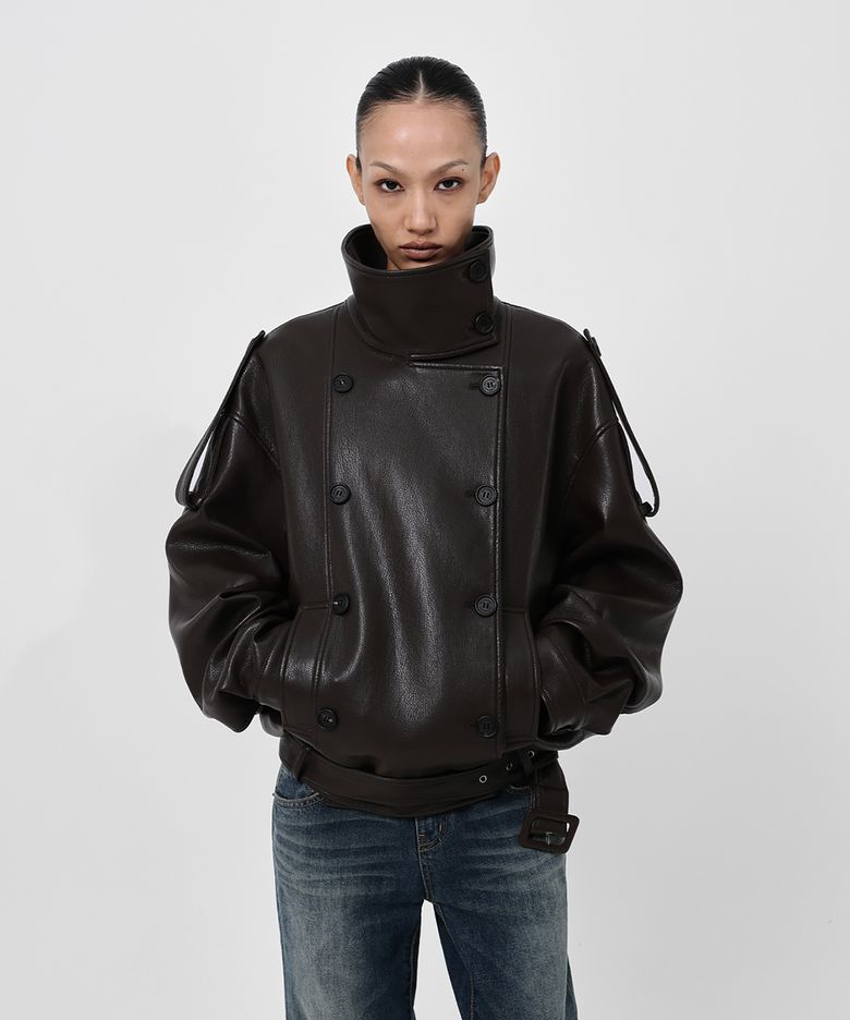 LINE.02 high neck leather jacket_brown