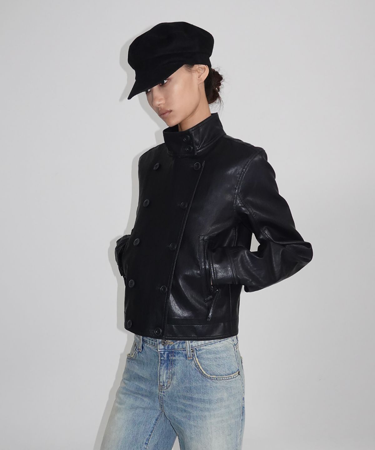 샌드릭(SANDRIC) LINE.02 button leather jacket_black