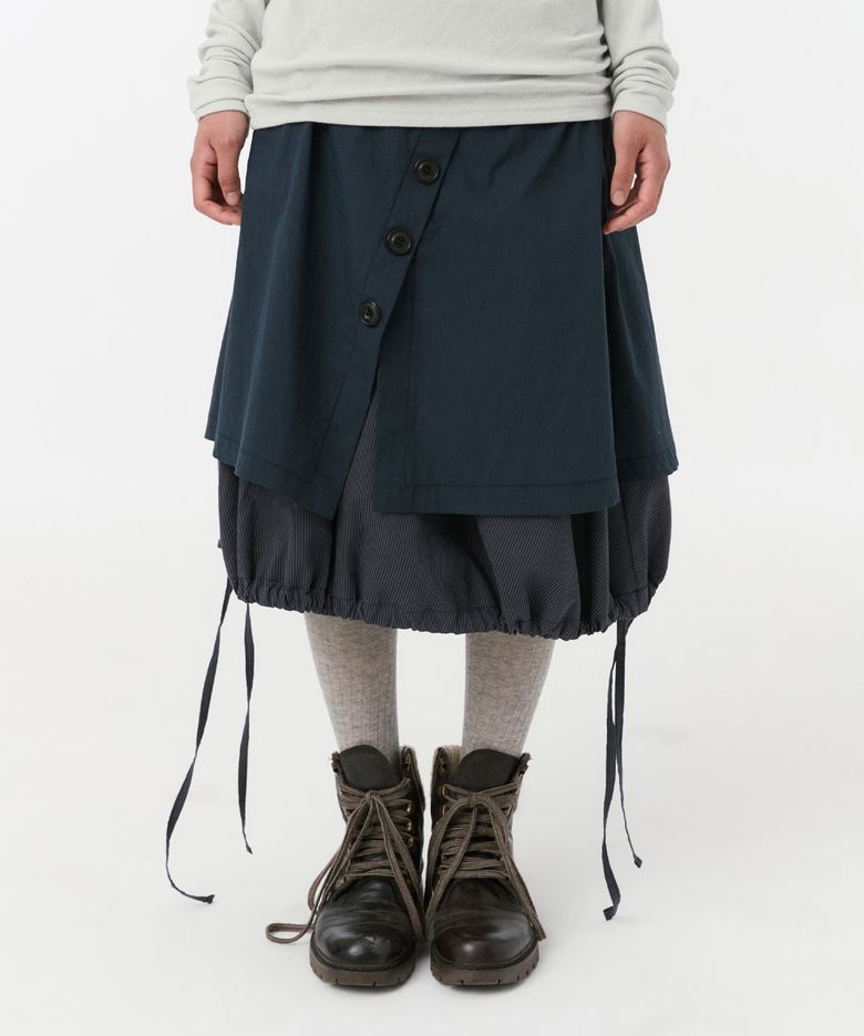BUTTON STRING LAYERED WRAP SKIRT, NAVY