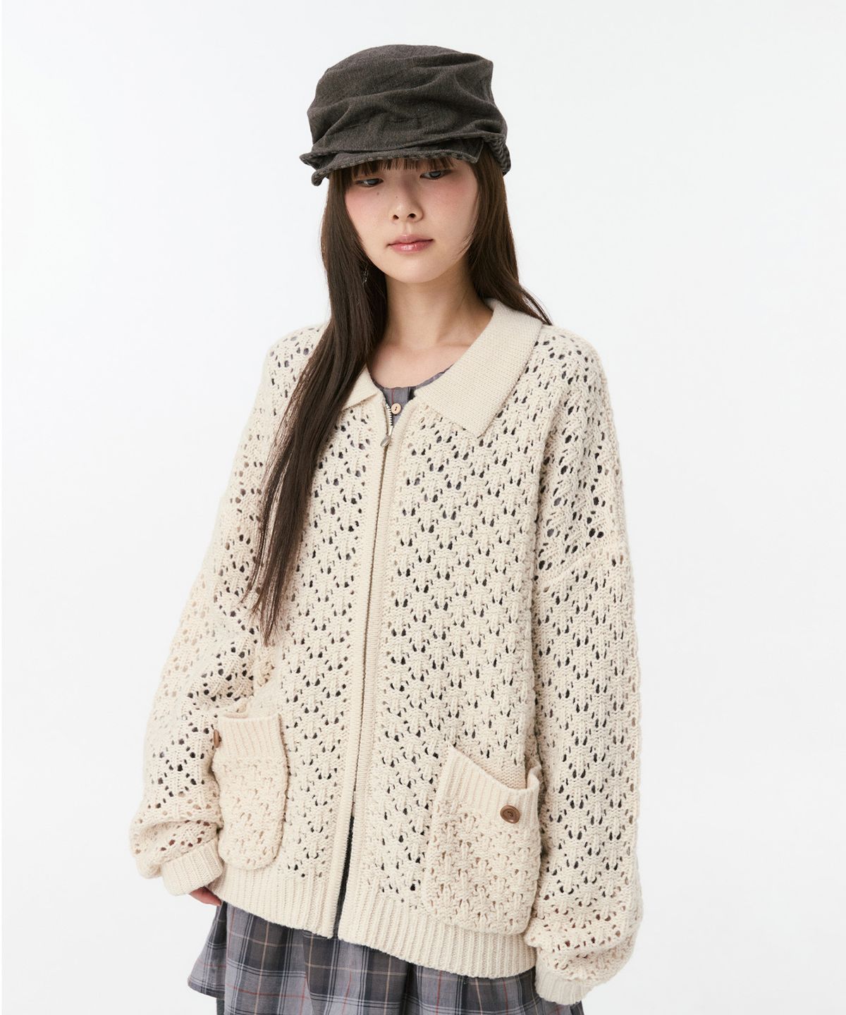 오헤시오(OHESHIO) CROCHET KNIT ZIP-UP, CREAM