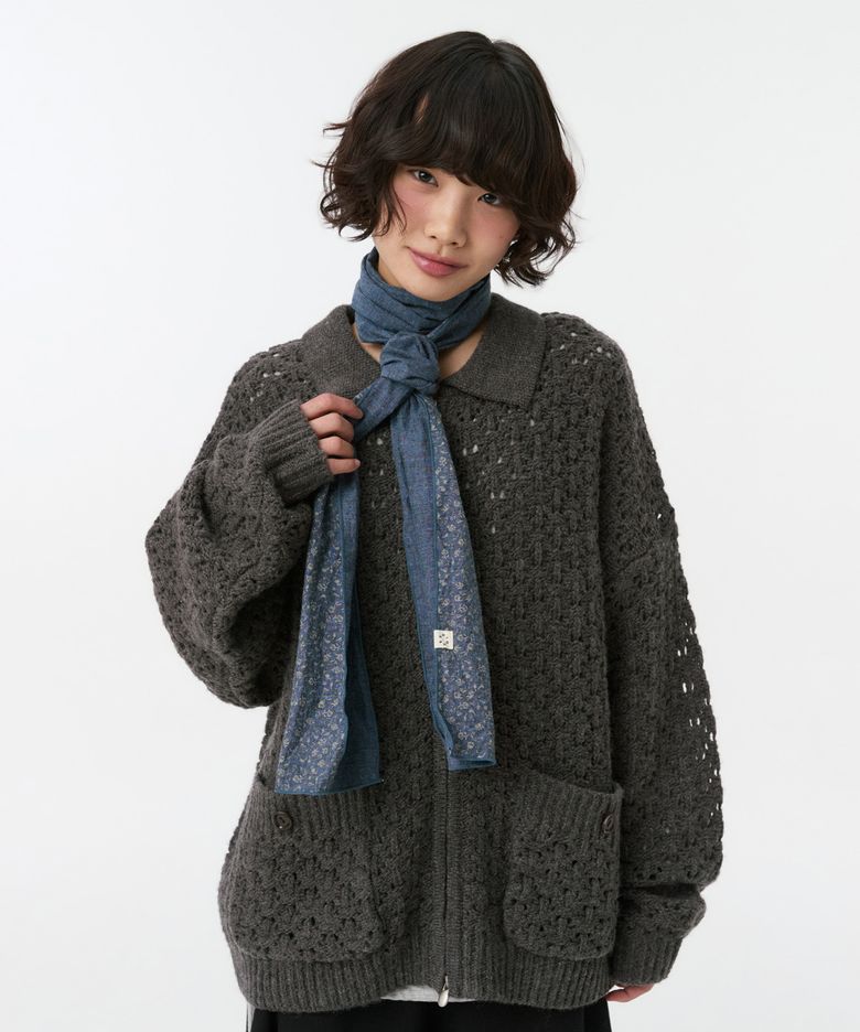 CROCHET KNIT ZIP-UP, CHARCOAL