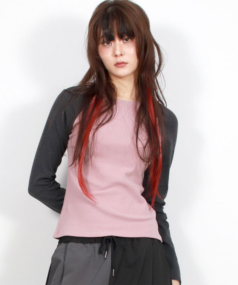 Vintage Solid Raglan Long-Sleeved T-shirt  Pink&Charcoal