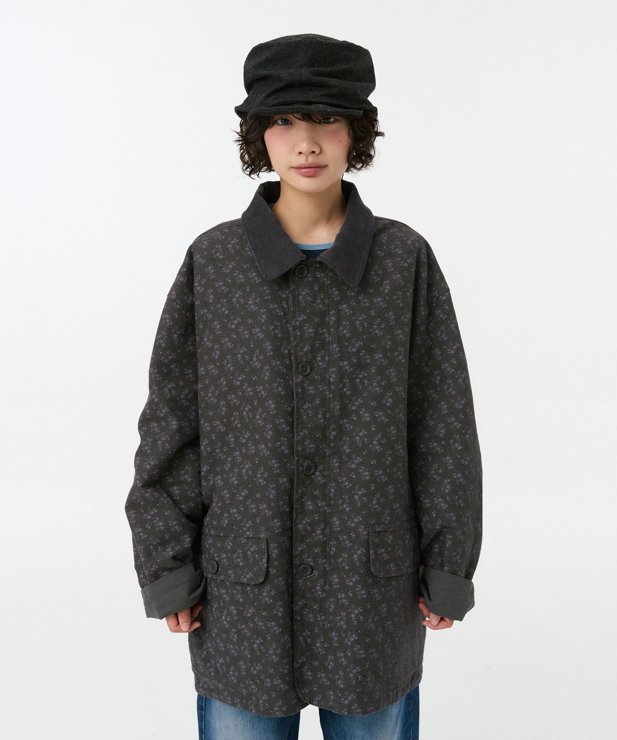 오헤시오(OHESHIO) REVERSIBLE FLORAL COTTON JACKET, CHARCOAL