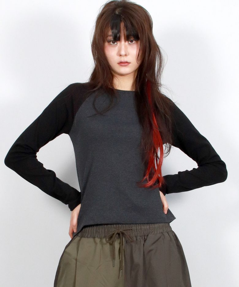 Vintage Solid Raglan Long-Sleeved T-shirt   Black&Charcoal