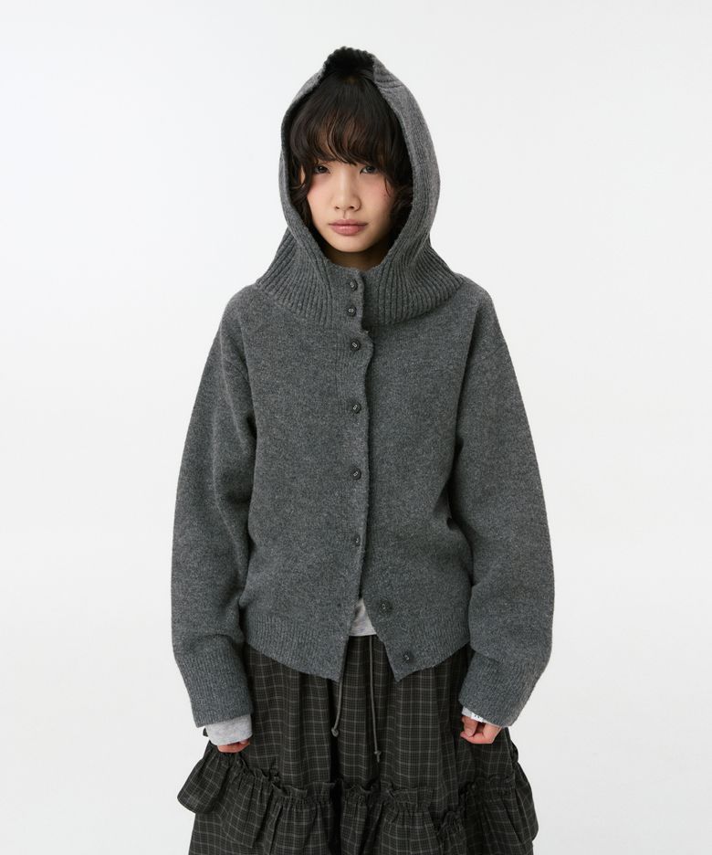 CROPPED HOODED HIGH NECK CARDIGAN, CHARCOAL