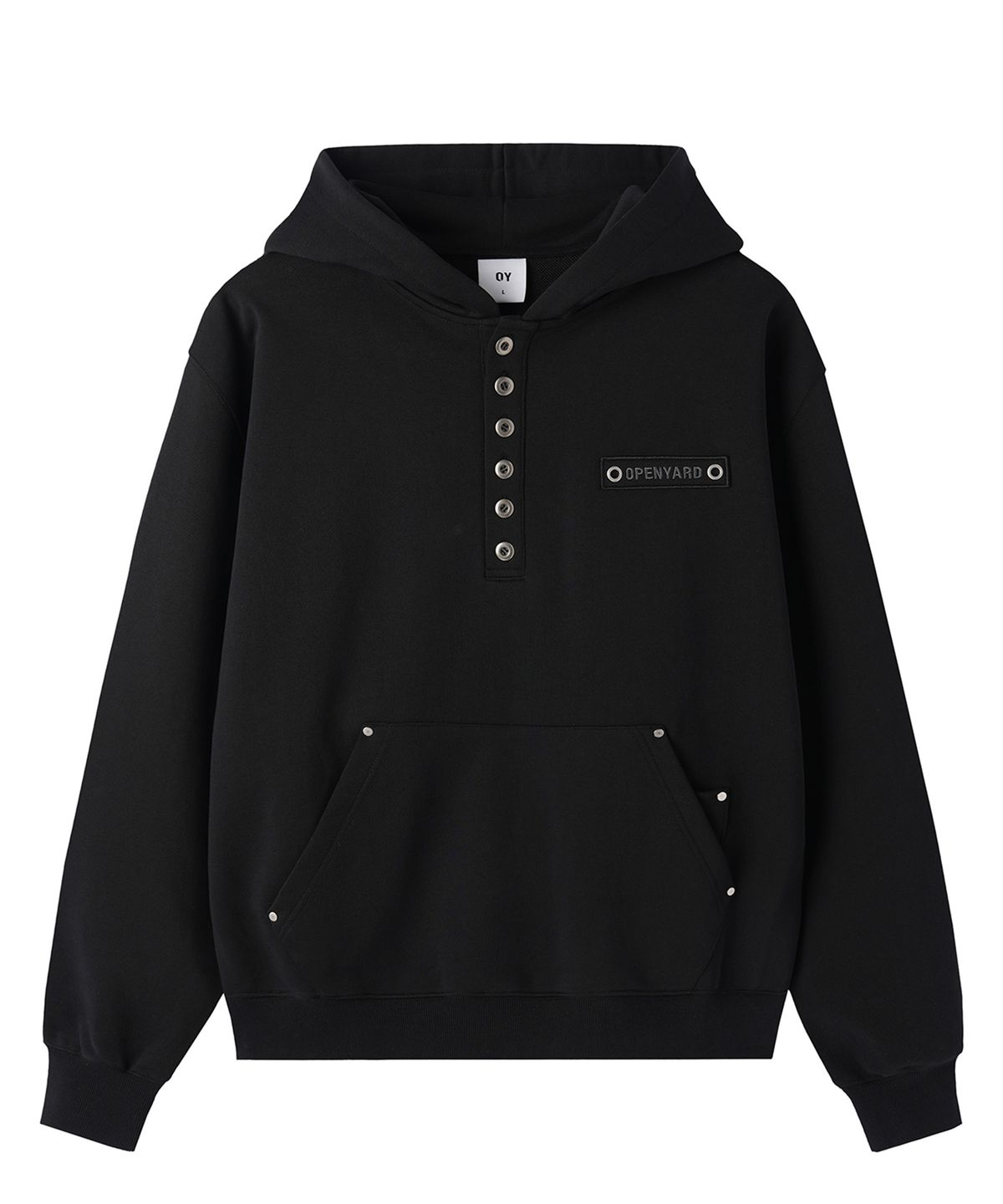 오픈야드(오와이)(OPENYARD(OY)) RIVET HENLEY HOODIE - BLACK