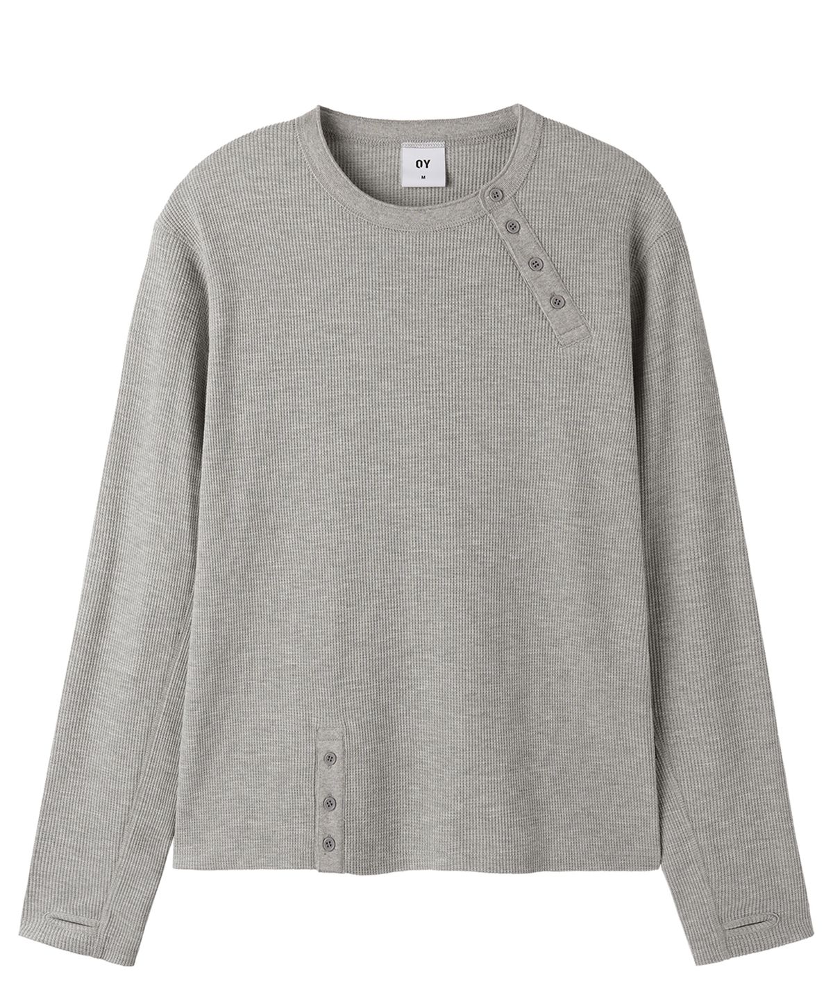 오픈야드(오와이)(OPENYARD(OY)) OFFSET BUTTON WAFFLE L/S TOP - MELANGE
