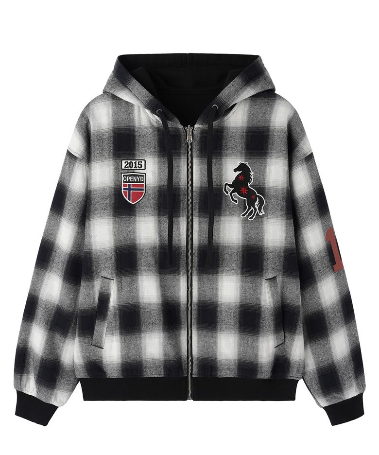 REVERSIBLE CHECK HOODED JACKET - BLACK