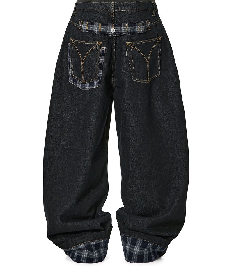 TURN-UP CHECK WIDE VOLUME PANTS - INDIGO