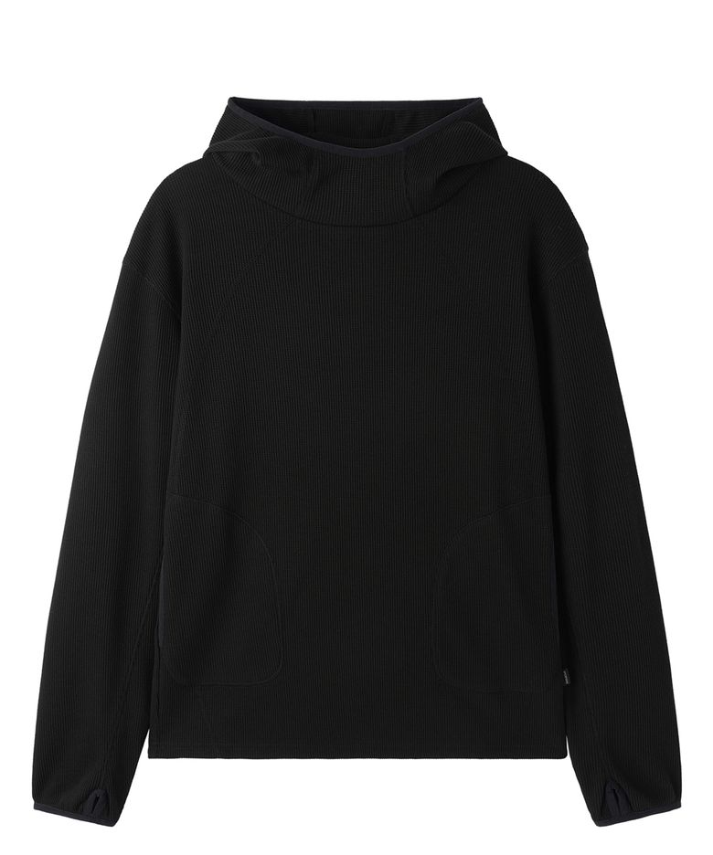 FLATLOCK WAFFLE HOODIE L/S TOP - BLACK