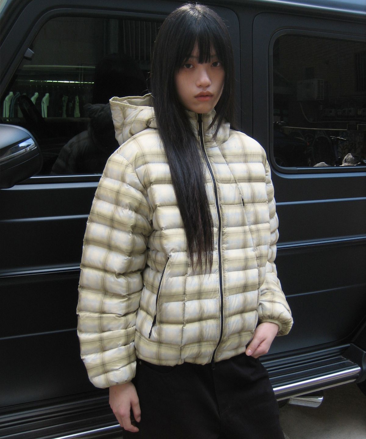 오픈야드(오와이)(OPENYARD(OY)) CHECK CURVED ZIP LIGHTWEIGHT SHELL PUFFER JACKET - YELLOW