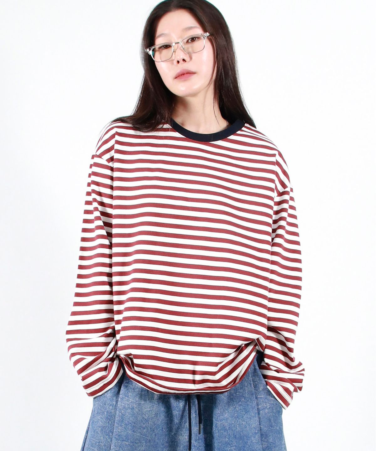드마크(DEMARC) STRIPE LOOSE-FIT LONG SLEEVE TEE -  burgundy