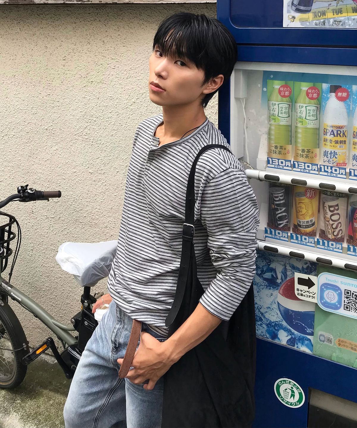 브랜디드(BRANDED) STRIPE HENLEY NECK LONG SLEEVE [GRAY]