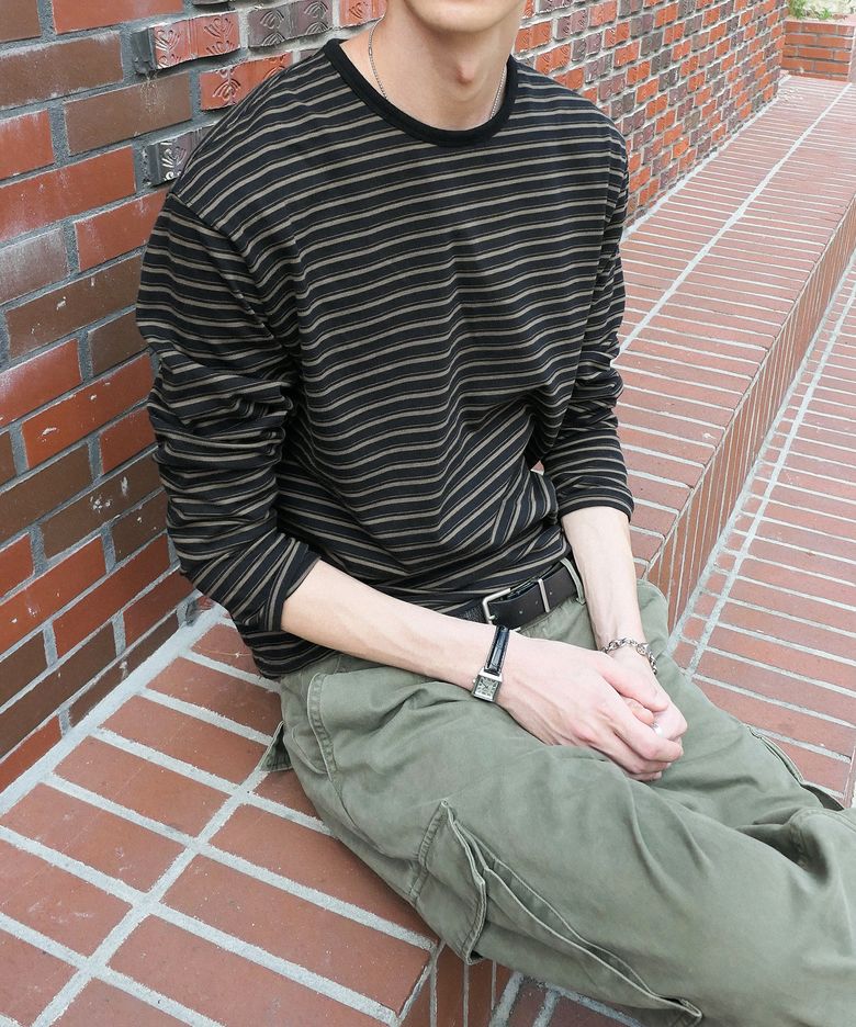 LINEAR STRIPE CROP LONG SLEEVE [VINTAGE OLIVE]